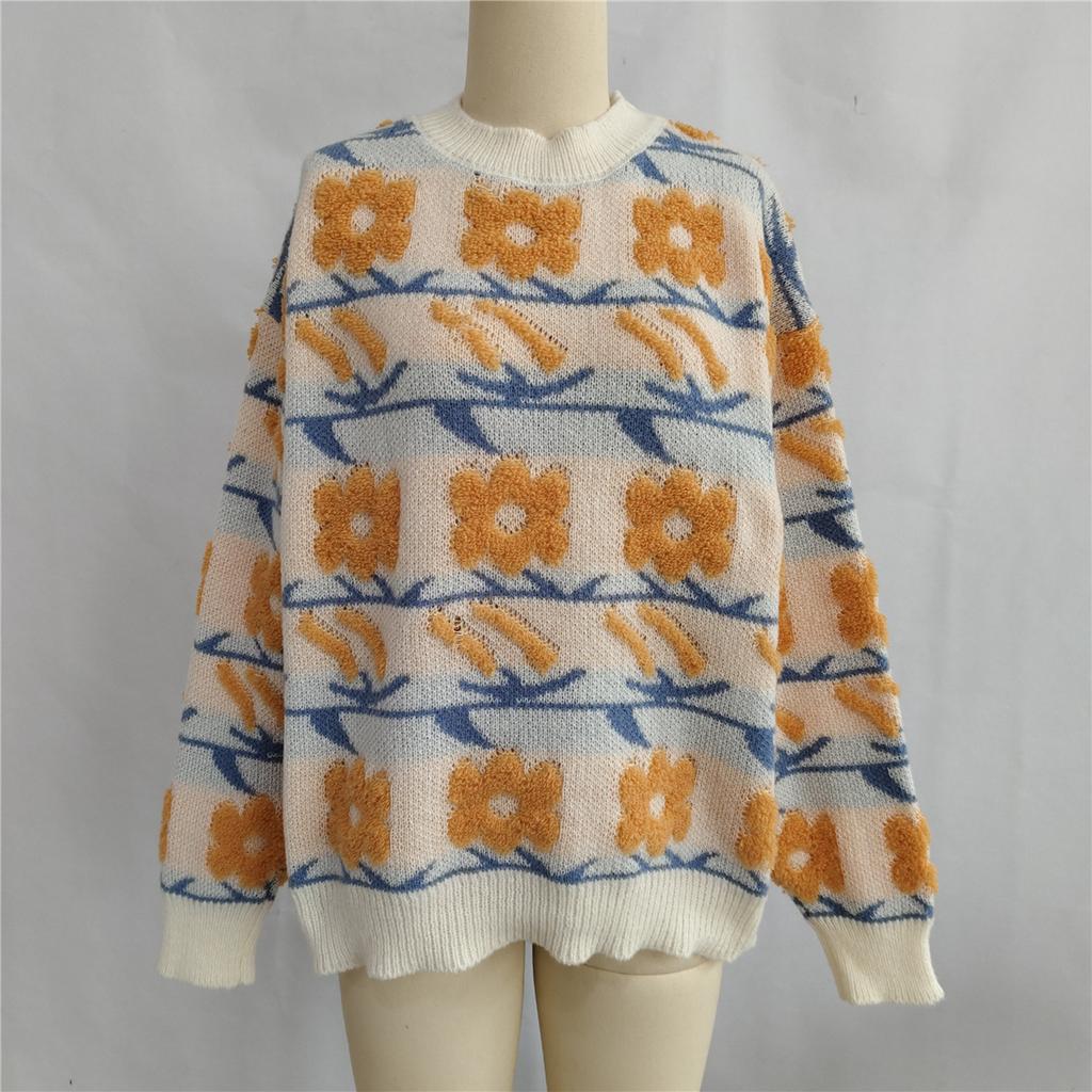 Autumn and Winter New Sweet and Cute Style Flower Jacquard Towel Embroidered Knitted Round Neck Thick Sweater for Women 3579 KTB