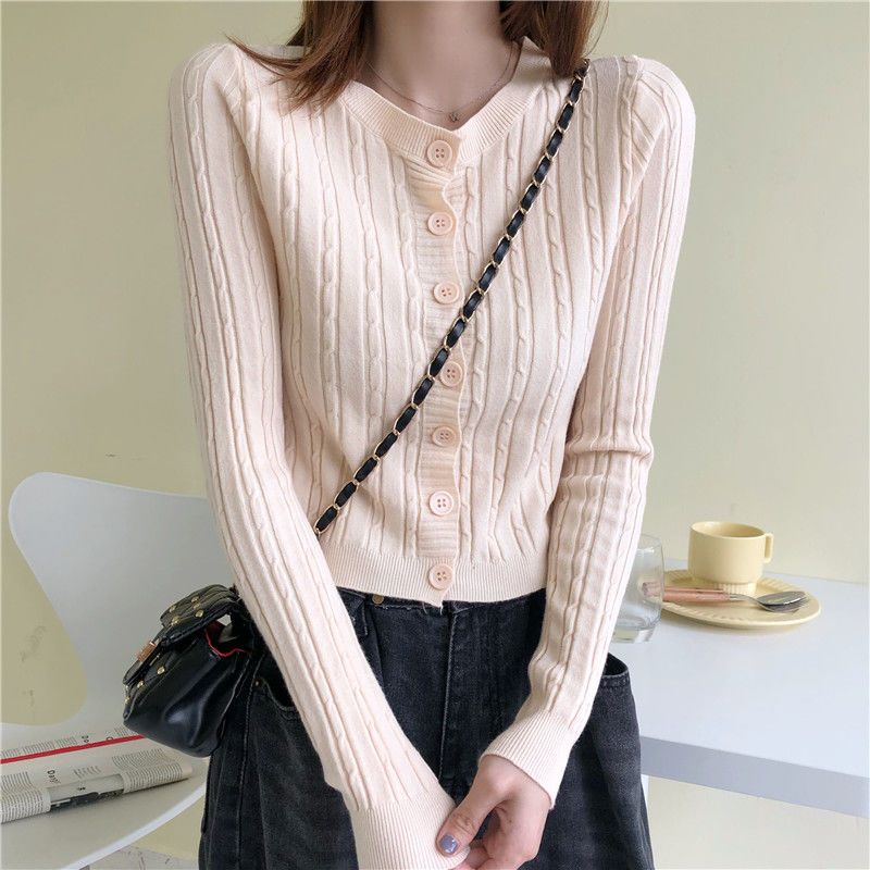 

Простой Темперамент Однотонный Вязаный Кардиган для Женщин Весна Осень Тонкий С Длинным Рукавом Корейские Однобортные Свитера One Size