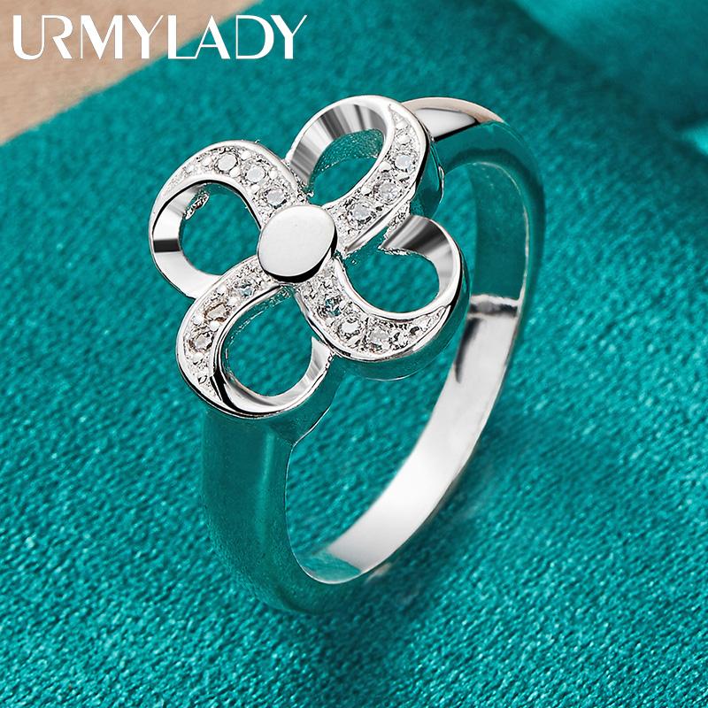 URMYLADY 925 Sterling Silver Four-Leaf Flower 7-10 Ring For Women Fashion Charm Jewelry