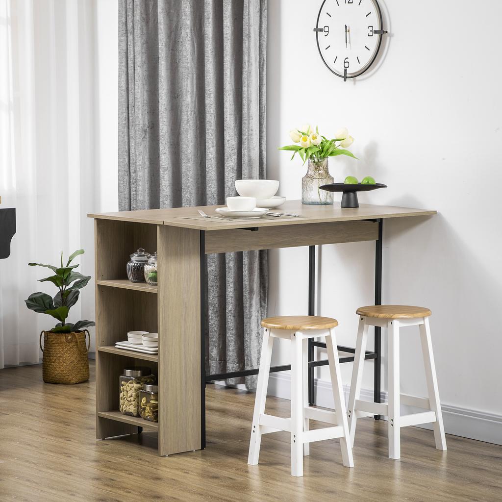 Central Island Bar Table with Fold-Down Side Top and 3 Shelves 120 x 76 x 91.4 cm Light Grey