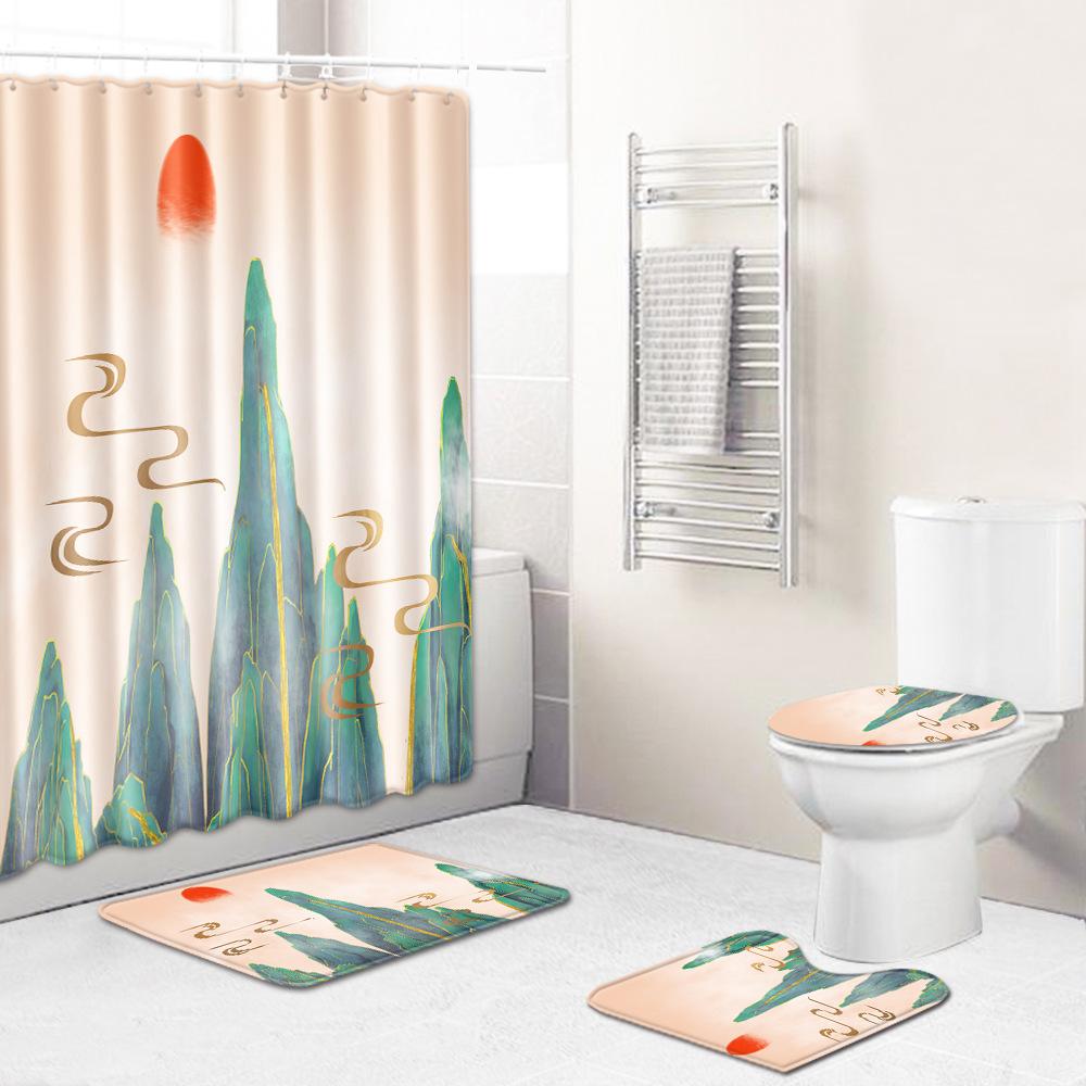 Chinese Antique Bronzing Night Flower Bathroom Floor Mat Shower Curtain Combination Floor Mat Support