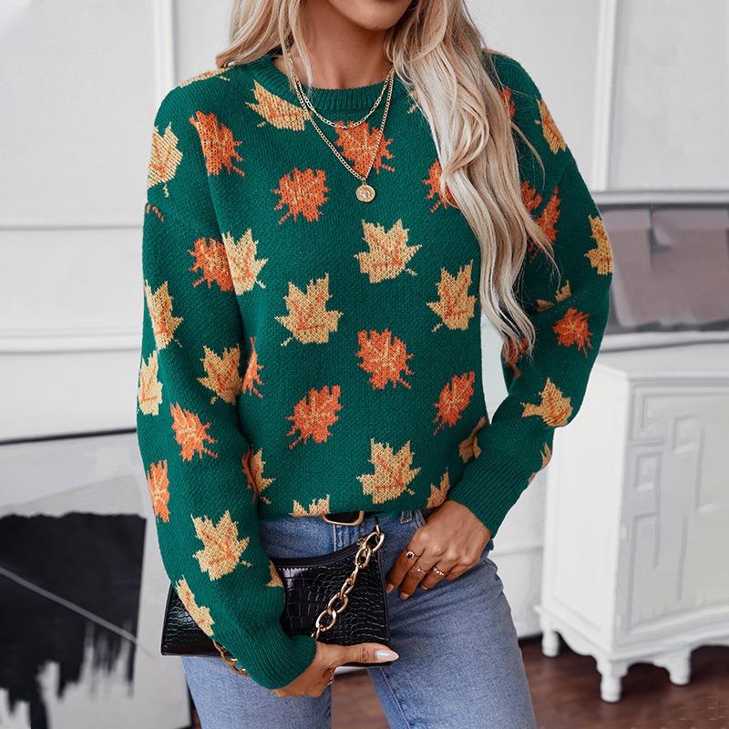Jacquard-Pullover mit Rundhalsausschnitt, Ahornblatt-Muster, lässiger Pullover, lockere Strickwaren, dick, warm, Pendeln, Harajuku, langärmeliges Unterhemd, Herbst/Winter