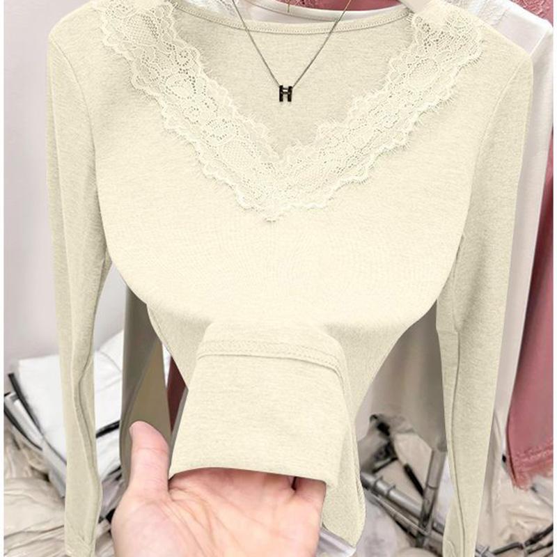 Tops for Women Pullover Long Sleeve V-neck  Autumn Winter Warm Slim Thickened Lace Top