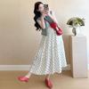 Korean Style Maternity Two-Piece Set: Lace Patchwork Denim Vest with Polka Dot Camisole Dress