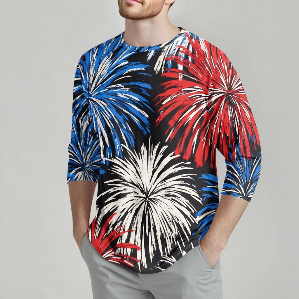 Herrenmode Lässiges T-Shirt mit Unabhängigkeitstag-Print am Hals und sieben Ärmeln