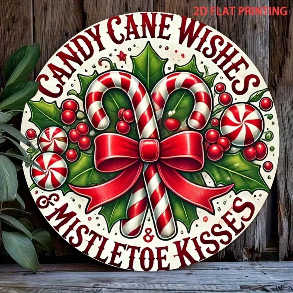 Vintage Rustic Metal Wall Decor Round Sign Holiday Home Decor Candy Cane Wishes Iron Art
