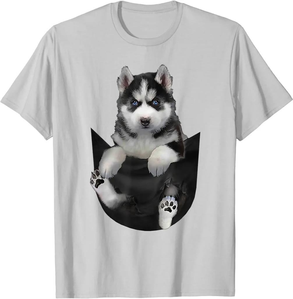 Puppy In Pocket Funny Design Husky Dog Lover Gift TShirt Short Sleeve Casual 100 Cotton ONeck Summer Mens Tshirt Size S3XL