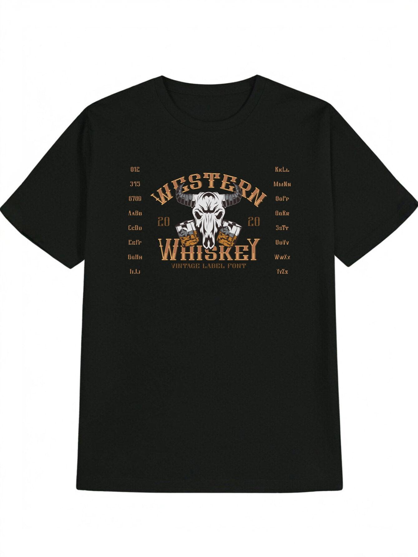 Casual Graphic T-shirt - Western Whiskey Print Black with Golden Design XXXL
