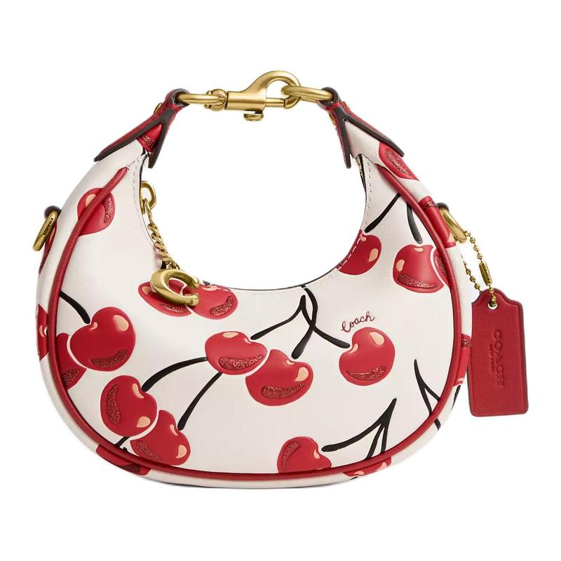 

COACH JONIE 15 cherry print removable shoulder strap with zipper closure tanned leather shoulder tote mini women s chalk white with red білий