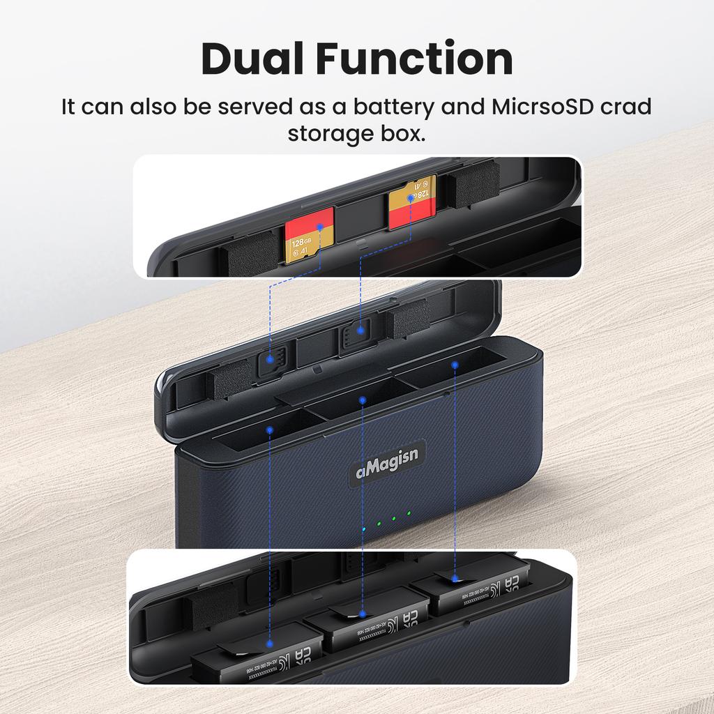 AMAGISN For DJI Osmo Action 5 Pro Fast Charging Case for 3 Batteries TF Card Storage Case