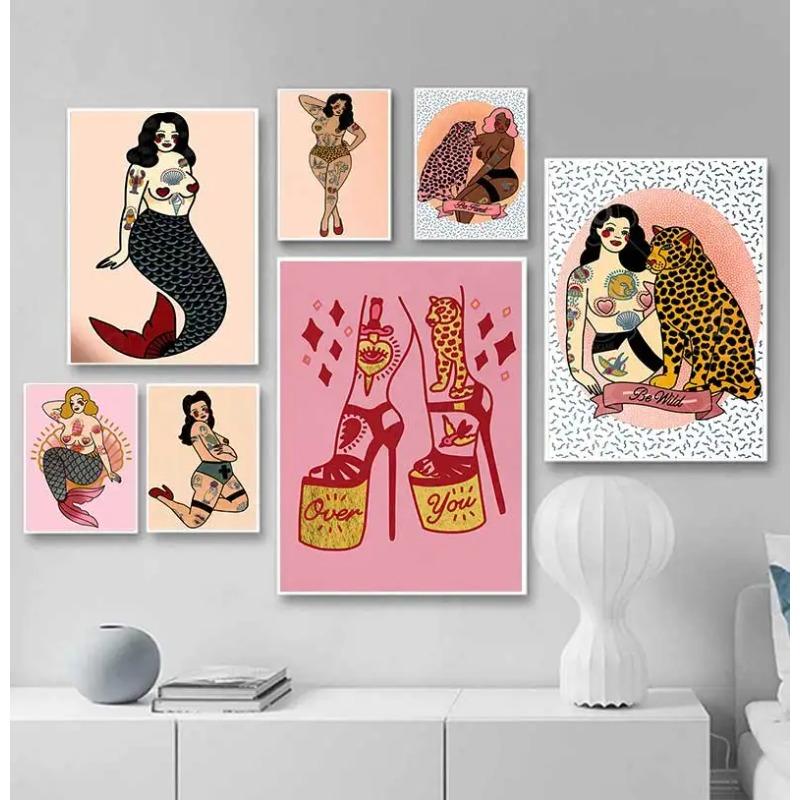 Mermaid Retro Wall Art, Nordic Nude Woman Poster, Printed Images, Living Room, Home Decoration, Oil Painting, Pink, Leopard