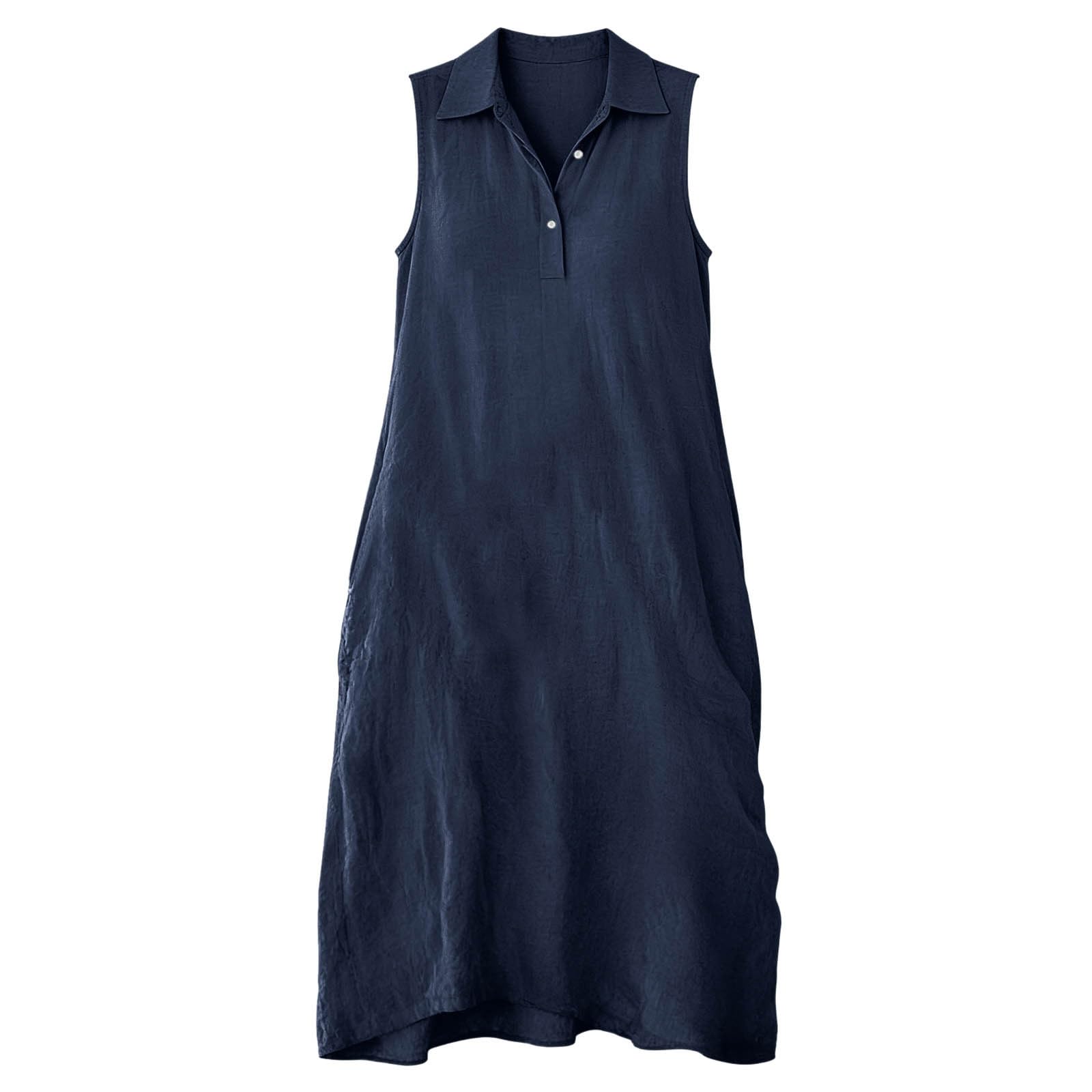 Women s Color Fashionable Casual Cotton And Linen Loose Dress L синий
