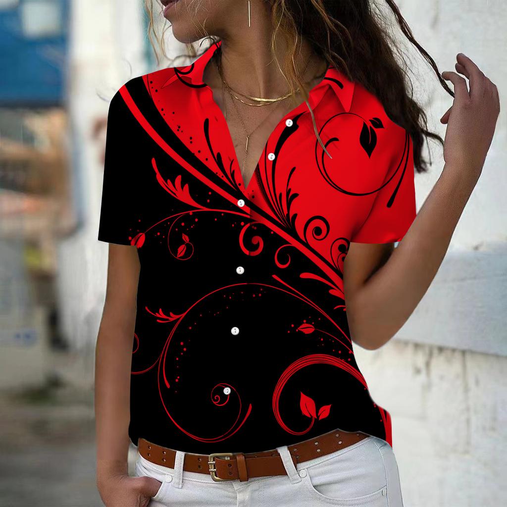 2025 Summer New Fashion Women's Feather Printed Short Sleeve V-neck Casual Button-down Shirt Top