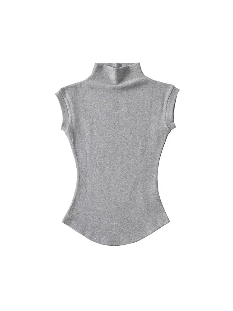 Women Summer Sexy Half Turtleneck Sleeveless T-Shirts Tops Solid Slim Fit Pullovers Causal Tees Shirts Female Streetwear Basics Tees