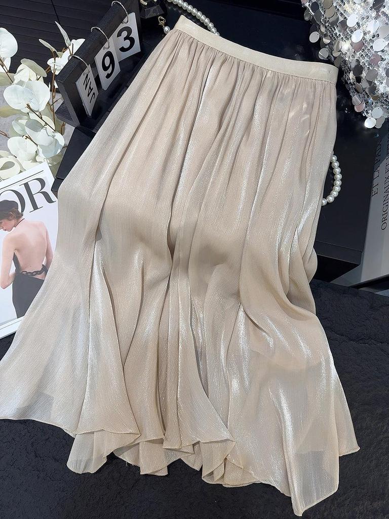 Elegant High-Waisted Chiffon A-Line Skirt - Slimming, Flowing, and Lightweight Summer Mesh.