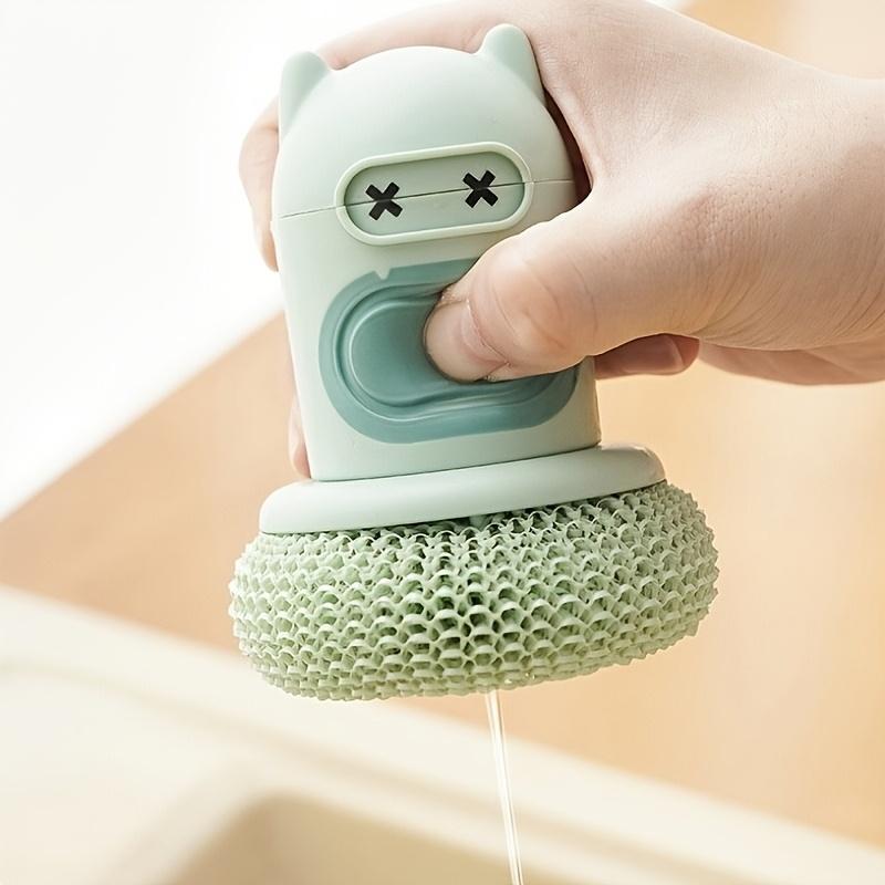 1 Stück Süße Cartoon Automatische Flüssigkeitsabgabe Küchenbürste, Drucktyp Kunststofftopfschrubber mit Weichen Borsten, Ausziehbarer Griff, Fleckenentfernung