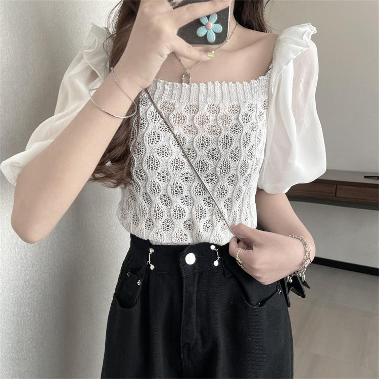 Moda Bükümlü Kare Yaka Kısa Kollu Örme Gömlek Kadın Yaz Tasarım Anlayışı Niş Kısa Kesim Şık Üstler Günlük Temel Slim Fit Kazaklar Tişörtler