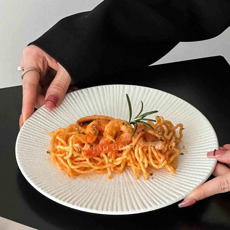 Striped Ceramic Dinner Plates 8 Inch Round Steak Pasta Dessert Home Hotel Use