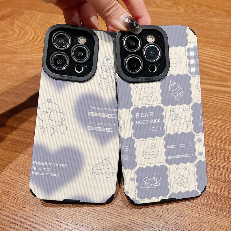 Vertical Grain Leather Cute Cartoon Bear Printed Soft Silicone Phone Case Back Cover with Camera Lens Full Protection for Samsung