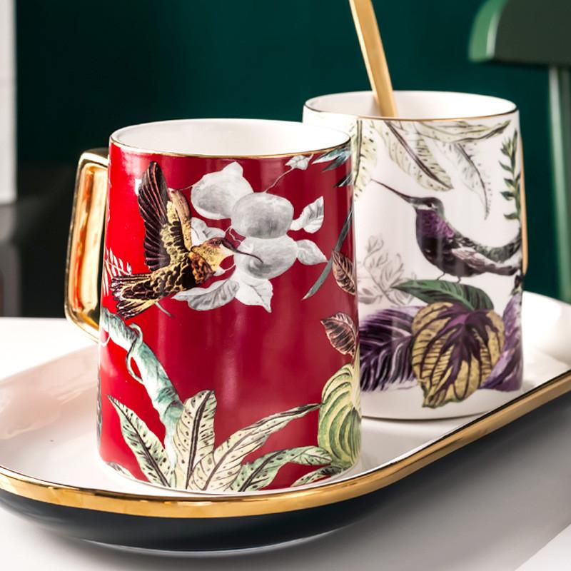 480ml Ceramic Coffee Mug With Luxury Gold Handle Pastoral Style Gold Flower Bird Magpie Birthday Gift Mugs