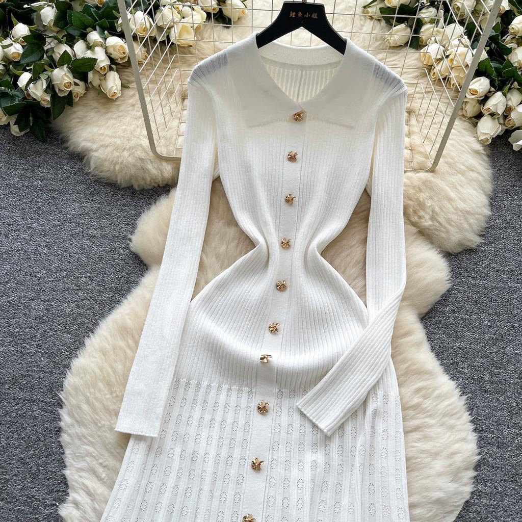 Autumn Winter Women Elegant Polo Collar Knitted Sweater Metal Button Long Maxi Split Pullover Dresses