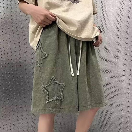 Men Denim Shorts Elastic Waist Adjustable Drawstring Oversized Wide Leg Short Jeans Washed Knee-length Shorts with Tassel Edge Star Patch