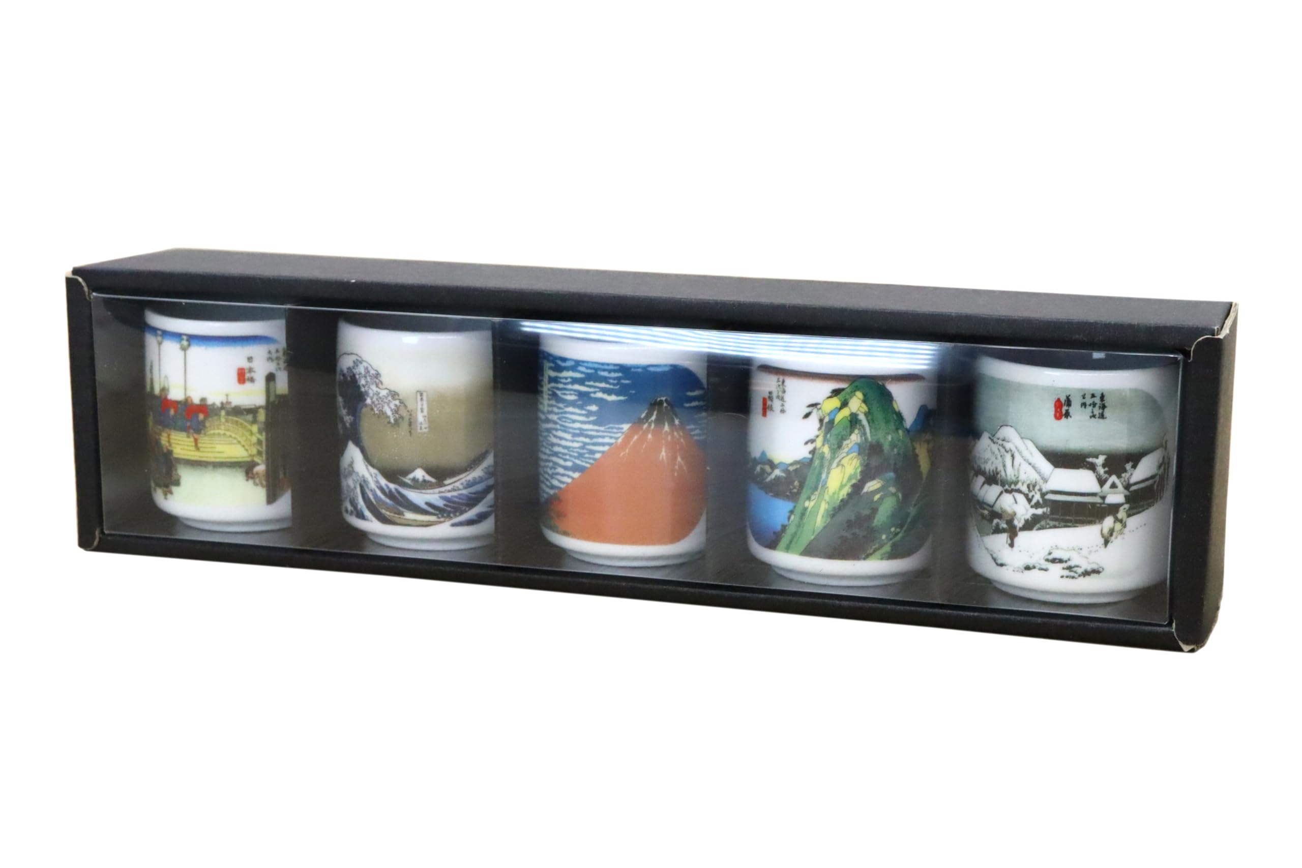 Set of 5 sake cups featuring designs from the Tokaido a Japanese made in featuring prints by Utagawa traditional perfect as a gift or (guinomi) Road,