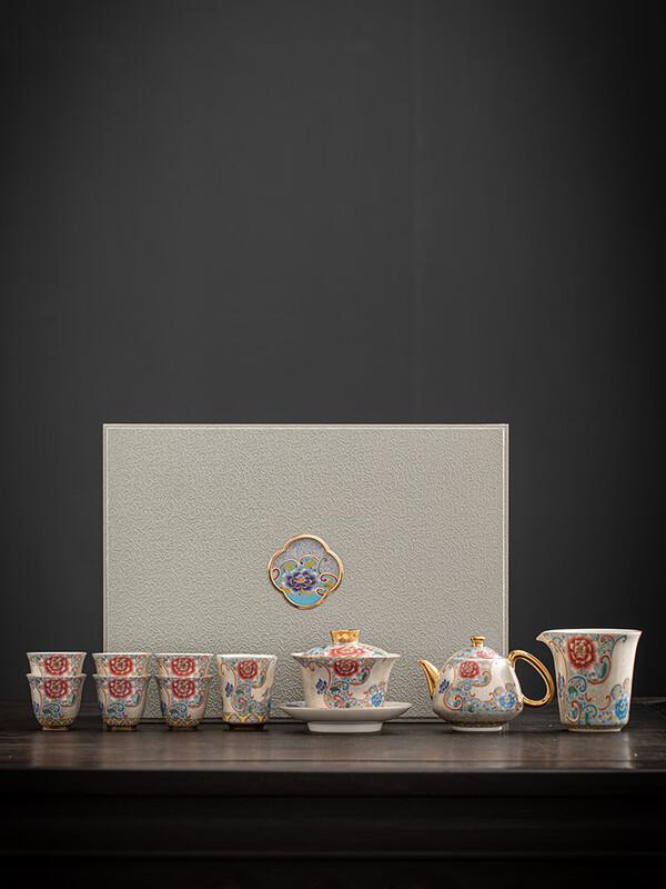 Chinese Cloisonné Silver & Ceramic Tea Set