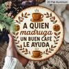 2D Flat, 1pc Vintage Spanish Coffee Quote Metal Sign "A Quien Madruga Un Buen Cafe Le Ayuda"-7.87" Rustic Aluminum Cafe Wall Art with Coffee Beans