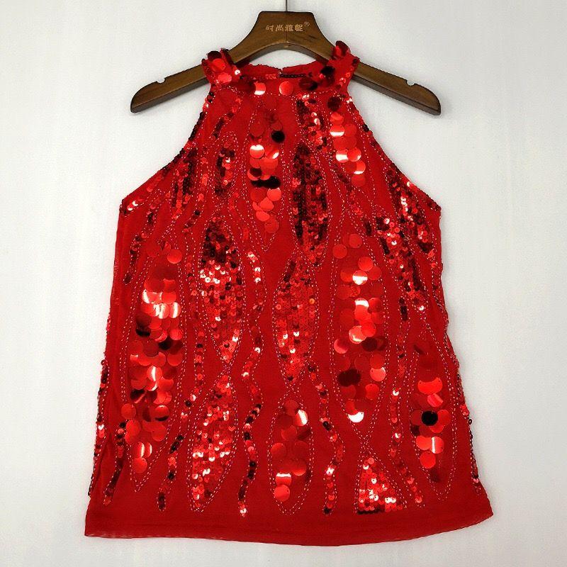 

Модные топы с бисером и пайетками, европейские и американские клубные наряды для выступлений, сексуальный топ-халтер, жилет, пуловер, базовая рубашка для женщин Red One size