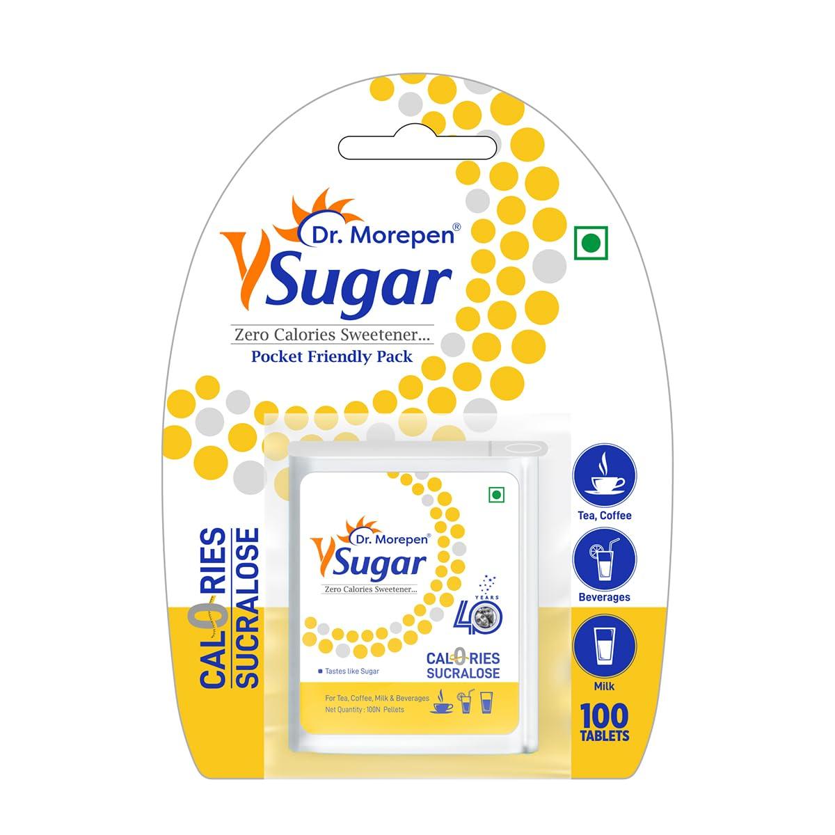

Dr. Morepen Y Sugar Pellets Sucralose Zero Calories Natural Sweetener Pack of 1 for Beverages Desserts