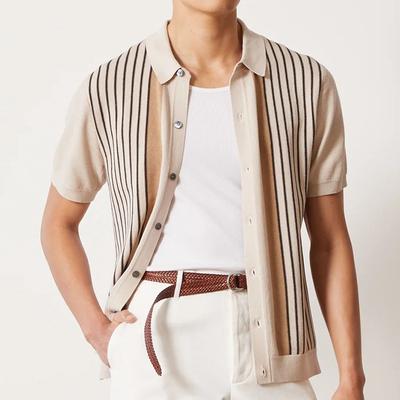 Summer Men's Clothing Light Luxury Striped Knit Polo Shirt Short Sleeve Leisure Button-down Retro Fashion Shirt