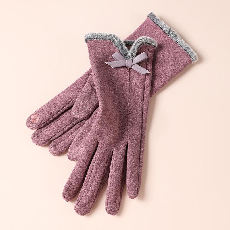 Warm Gloves for Women In Autumn and Winter Outdoor Riding Cold Proof Thickened Plush Velvet Cute Bow Develvet Touch Screen Gloves