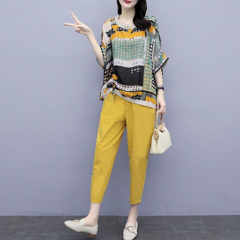 2 Piece Sets Women Casual Tops and Pants Summer Simple Style Vintage Embroidery Loose Female Suit