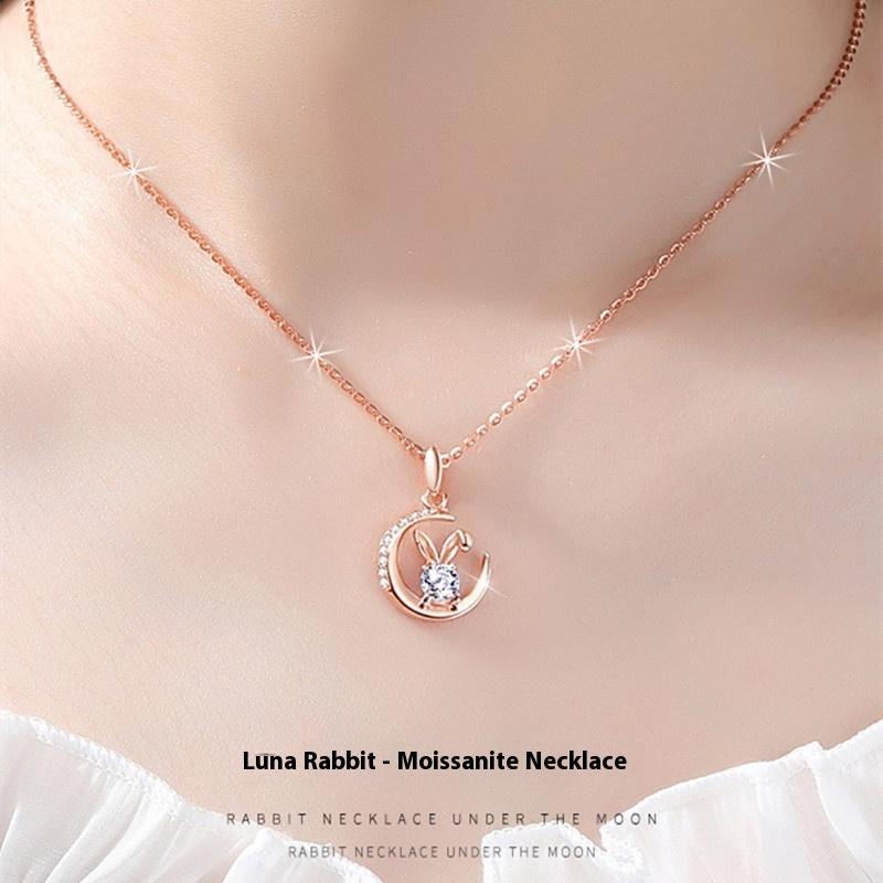 925 Sterling Silver Moon Jade Rabbit Necklace Women's New One-carat Mozzarella Rabbit Versatile Pendant Birthday Gift