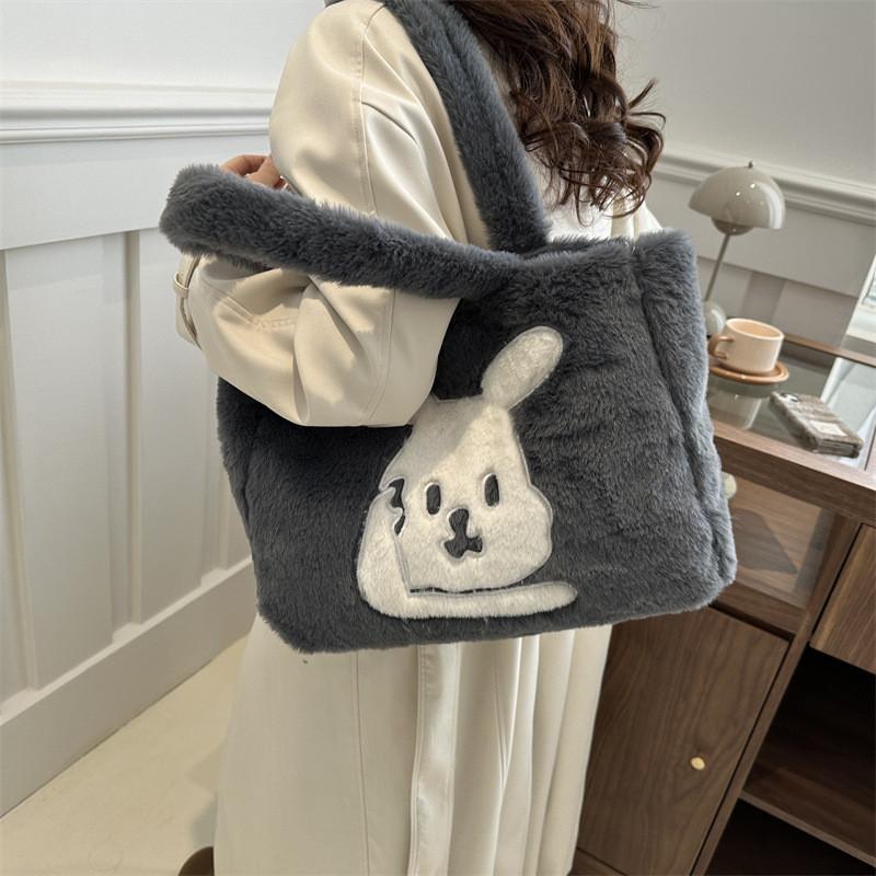 Wholesale Fashion Street Style Large Capacity Plush Tote Bag Women Winter Bunny Embroidery Shoulder Bag