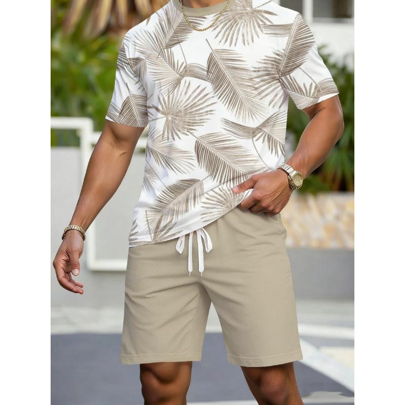Men's Sports Short Sleeve Top Shorts Set Plus Size Breathable Basketball Sports Clothing Palm leaf Print T-shirt Shorts 2-piece Set