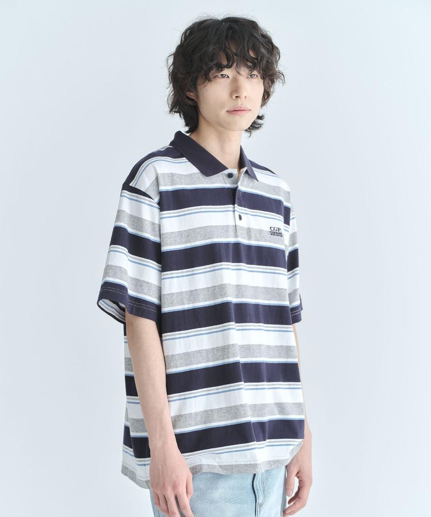 CGP Multi-Stripe Short-Sleeve Collared T-Shirt - Dark Navy