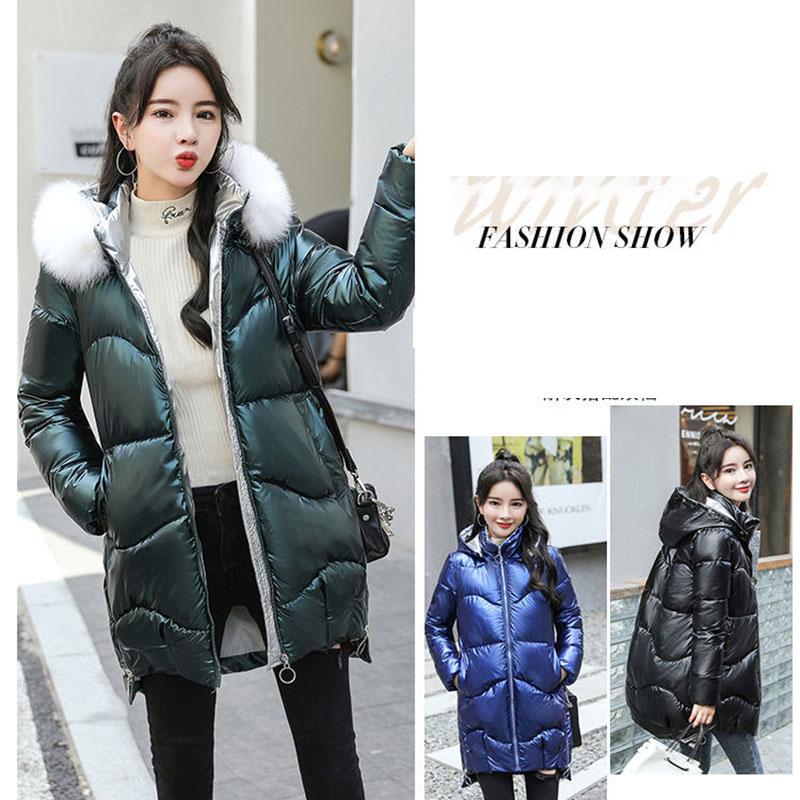 Winter Women Mid-length Parkas Jackets Casual Female Thicken Warm Hooded Jackets Coat Windprood Shiny Parka Coat with Fur Collar