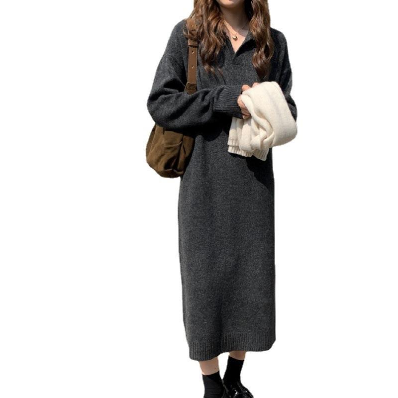 Solid color polo collar bottoming skirt autumn and winter new with coat long over the knee lazy wind loose thick knitted sweater skirt