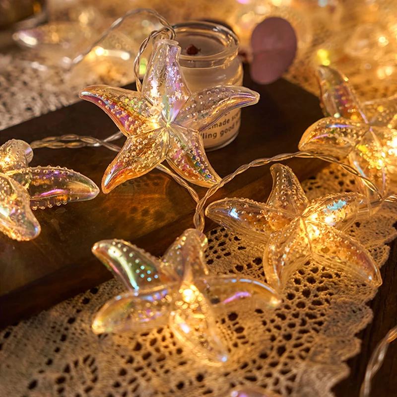 1PC LED Sea Shell Lamp String Starfish Lighting Strings Atmosphere Light Suitable for Festival Room Wedding Party Decoration Lamps Battery-Powered