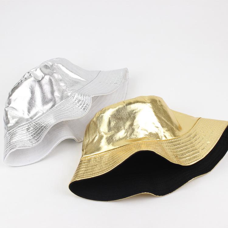 Reversible Punk Basin Hat - Trendy Foldable Fisherman Cap with Shiny Golden Silvery Finish, Adjustable Strap for Unisex Adults