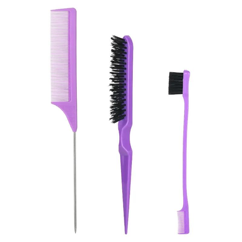 New 3Pcs Slick Back Hair Brush Set Bristle Hair Brush Brush Teasing Comb for Women Baby Kids Black Hair