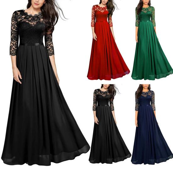 Bridesmaid Dress for Women Lace Patchwork Formal Gowns Crew Neck