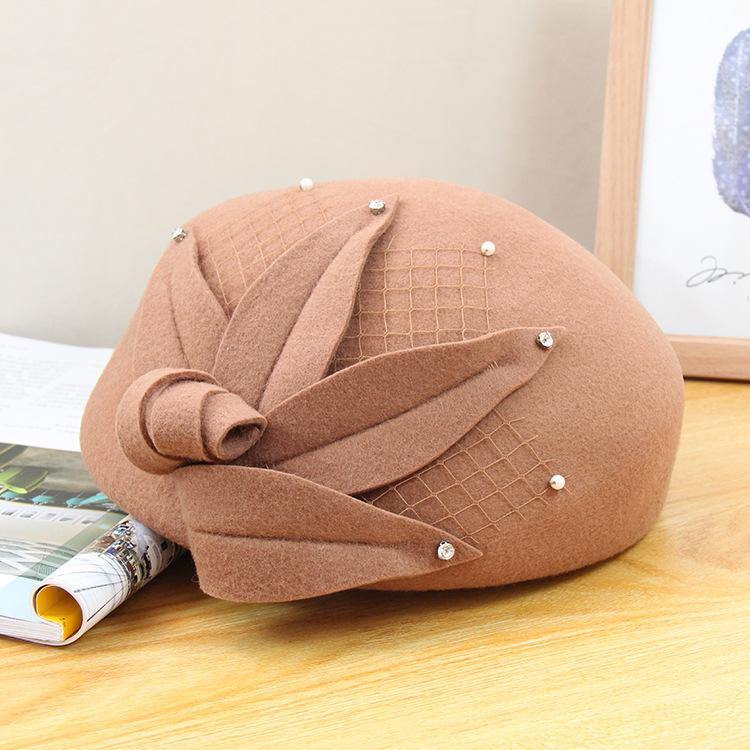 Autumn And Winter British Retro Flower Woolen Top Hat Women'S Elegant Temperament Stewardess Hat Korean Version Versatile Beret