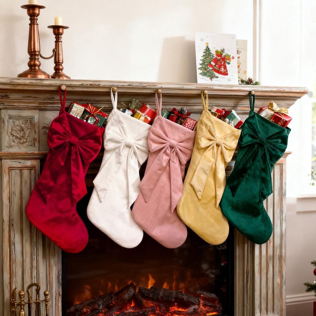 Christmas Bow Velvet Socks, Velvet Christmas Socks, Candy Bags, Bow Gift Bags, Large Bow Sock Gift Bags