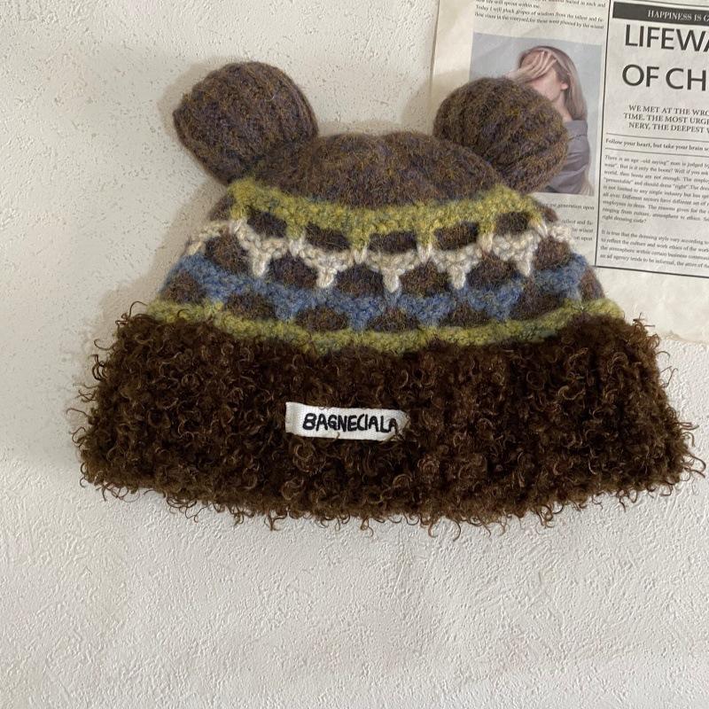 

JYL TS DIY Bear Ear Beanie Women Korean Winter Fleece Warm Knit Hat Acrylic 1222Mao12790 блакить