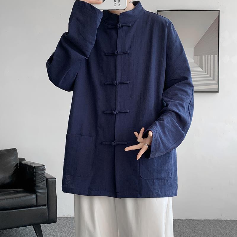 Men's Long-Sleeve Chinese Style Buttoned Linen Shirt Hanfu Tang Suit Plus Size Jacket