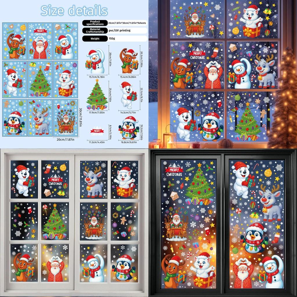 Party Wall Christmas Stickers Set Santa Snowman Reindeer Snowflake Decor Holiday
