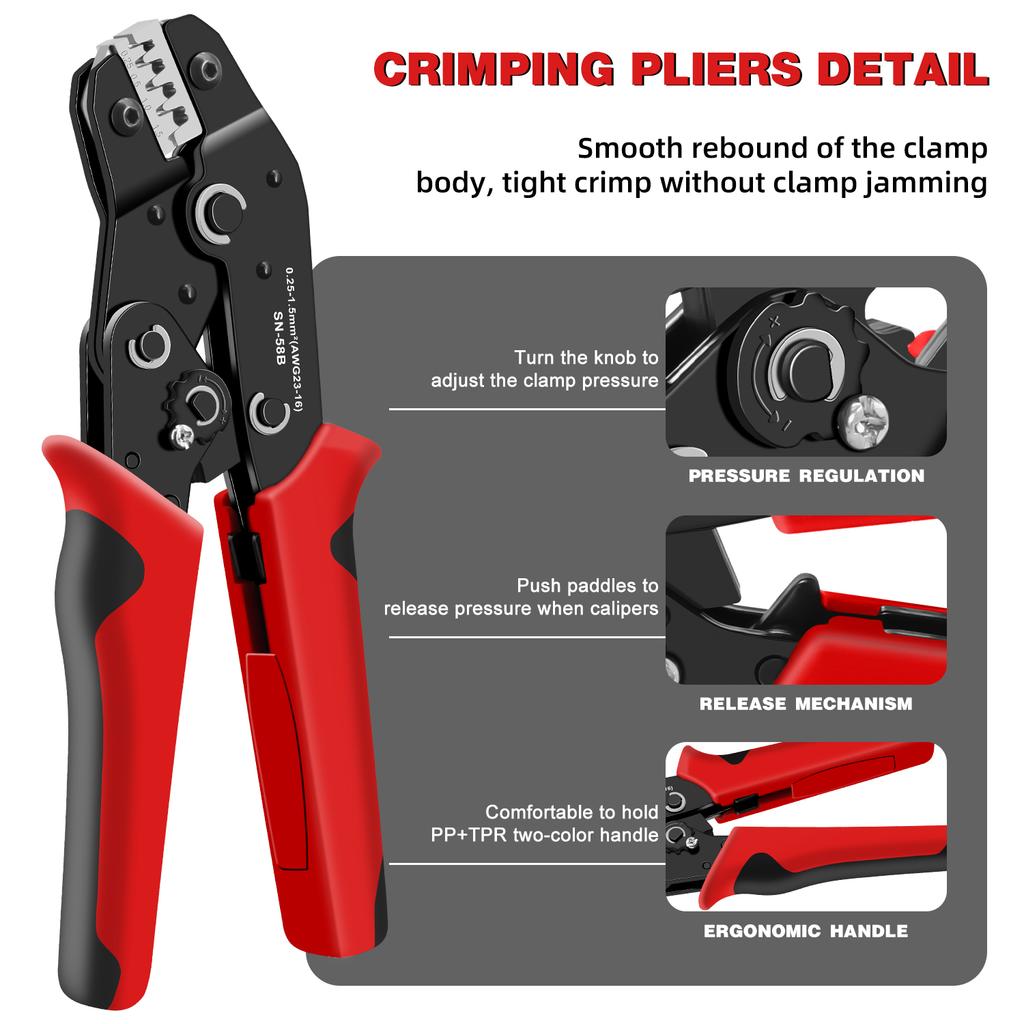 Crimping Tool Set For Dupont JST MOLEX Terminals,No/Pre Insulated Ferrules,Butt Connectors,Solar & Coax Connectors,SN-58B 6 Jaw